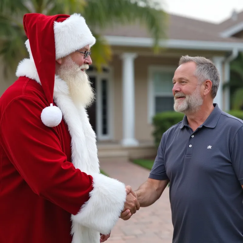 A reassuring, professional photo of Santa shaking hands with a parent, a friendly smile, with visible cheerful parent after a visit.