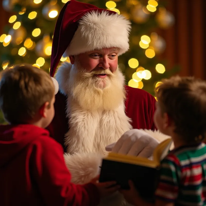 A serene, magical shot of Santa reading a Christmas storybook to a small group of children. Their eyes are wide with wonder, and soft holiday lights twinkle in the background.