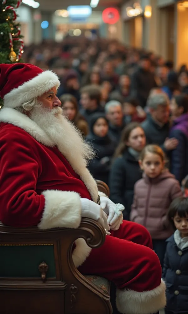 Families waiting in long lines for a brief mall Santa experience, highlighting the need for more personal holiday memories