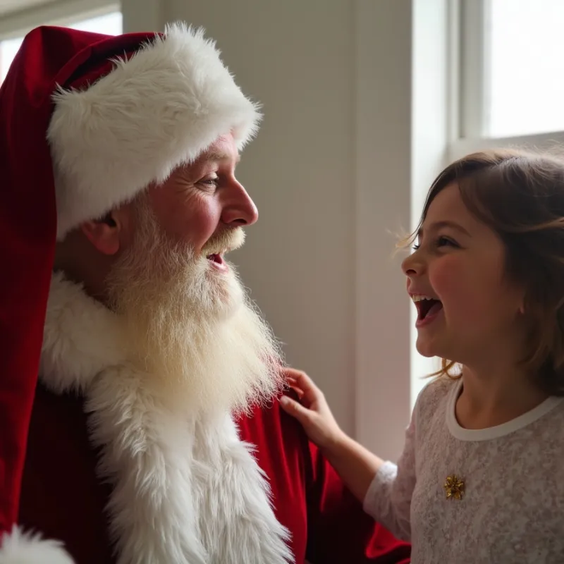 Intimate photo of Santa laughing naturally with a child during a visit. The child is mid-laughter, eyes twinkling with delight, and Santa has a genuine smile.
