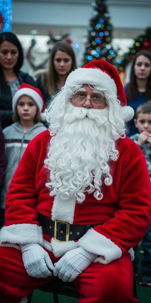 Low-quality mall Santa with a fake beard and cheap suit, illustrating typical holiday disappointment.