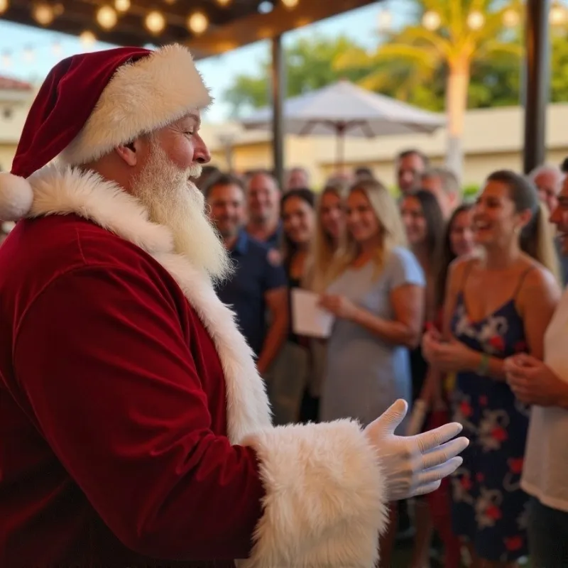 Santa greeting a large mixed-age group at a corporate function