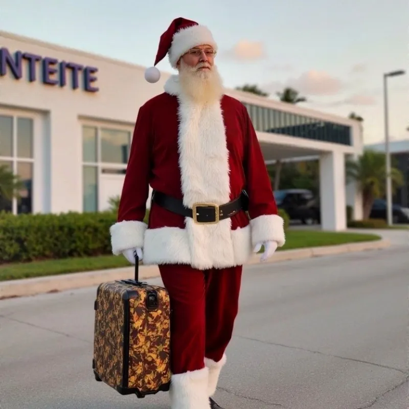 Santa outside of an International Airport. Just getting back from a flight.
