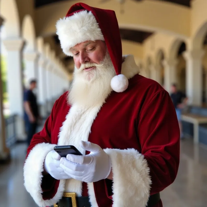 Santa prepping his checklist and arriving early (phone in hand, event prep