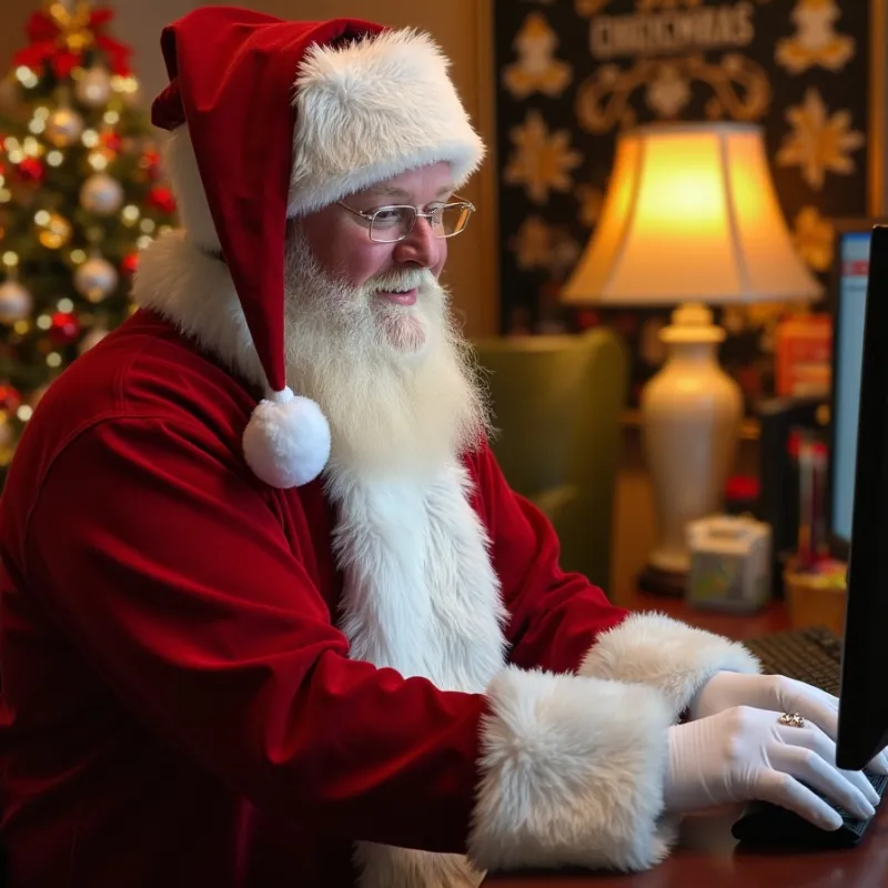 South Beach Santa in his workshop, preparing a holiday video message with glasses, white gloves, and a computer monitor.
