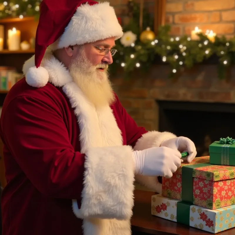 South Beach Santa wrapping gift boxes in his workshop, symbolizing organized holiday preparation before Christmas.