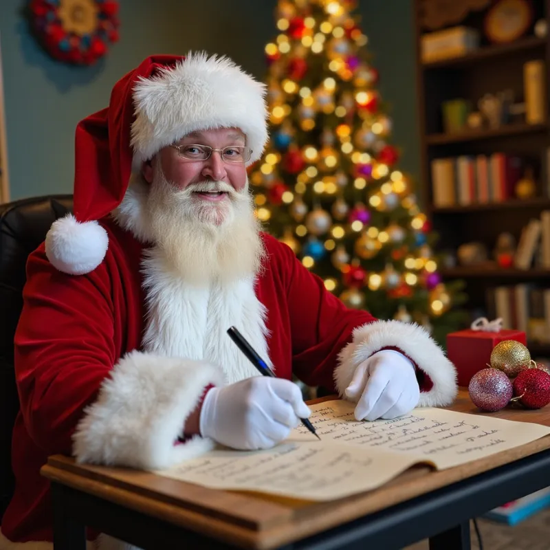 South Beach Santa writing personalized holiday messages in his festive workshop in South Beach.